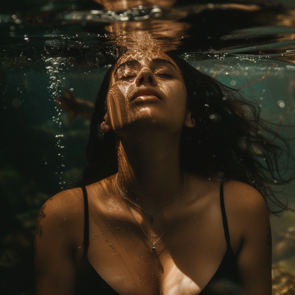 brunette woman underwater breathing gills