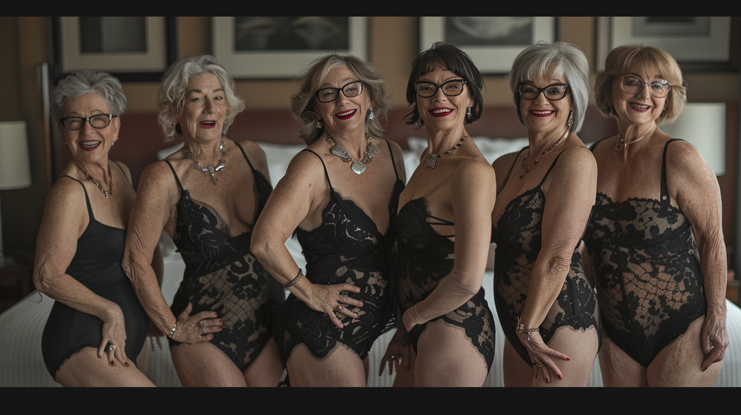 Brunette Women in Black Swimsuits