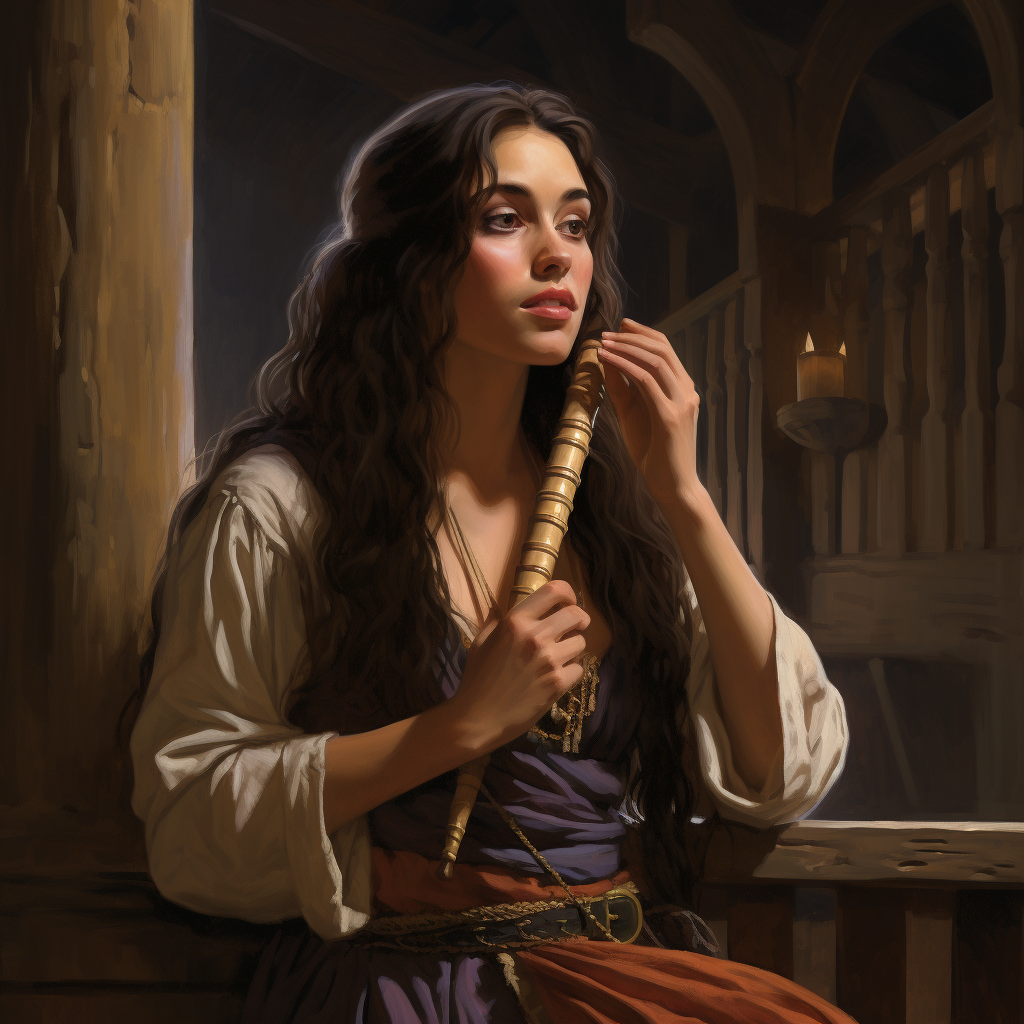 Talented brunette bard playing panflute