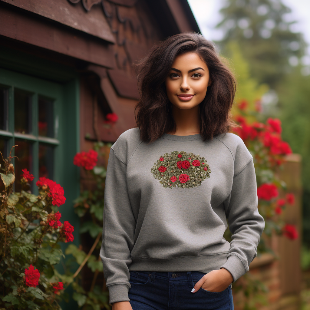 Brunette in Grey Sweatshirt and Red Roses