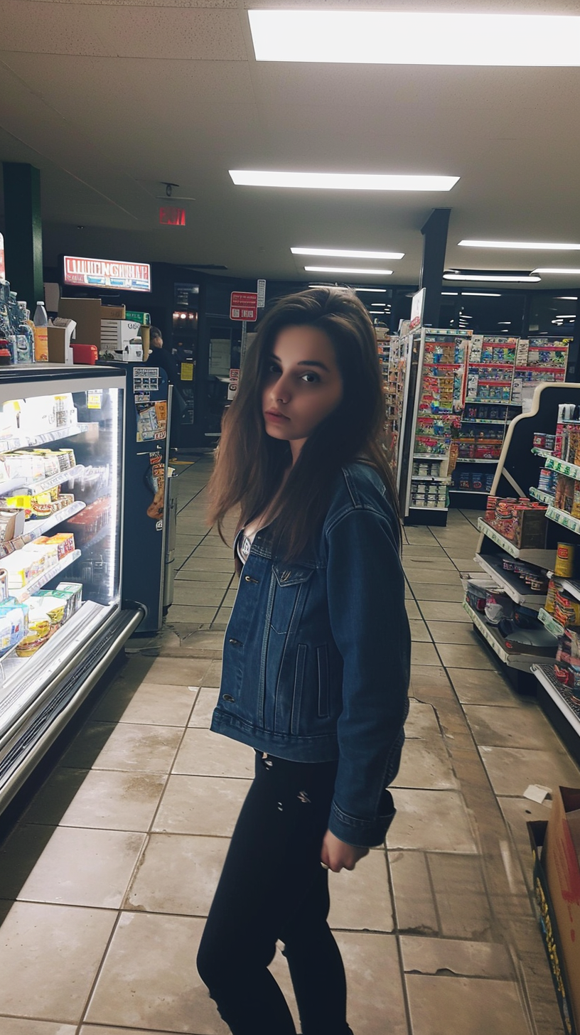 Candid photo of pretty brunette girl in convenience store