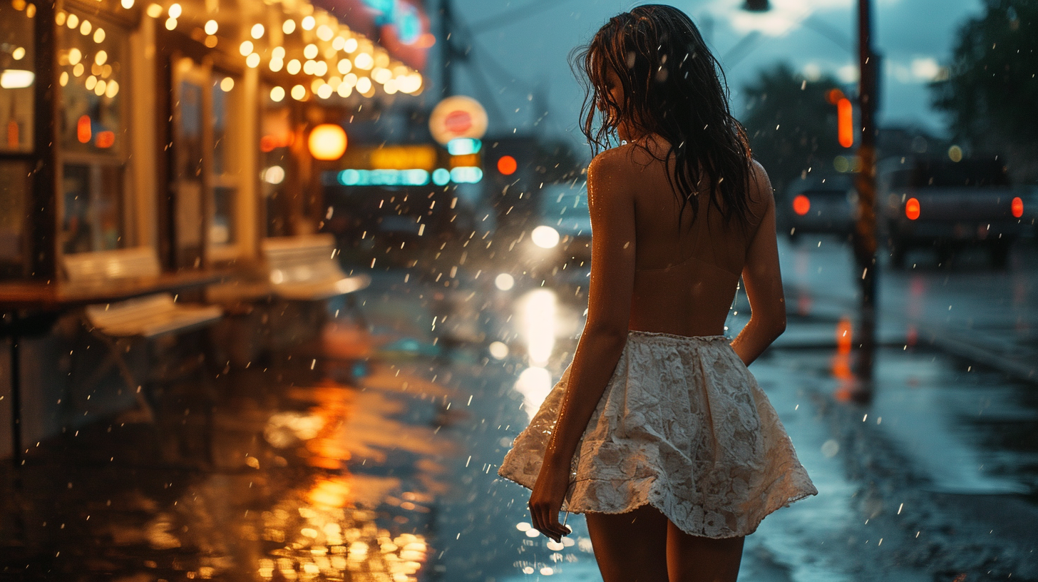 Brunette Latina woman in a white dress enjoying the rain