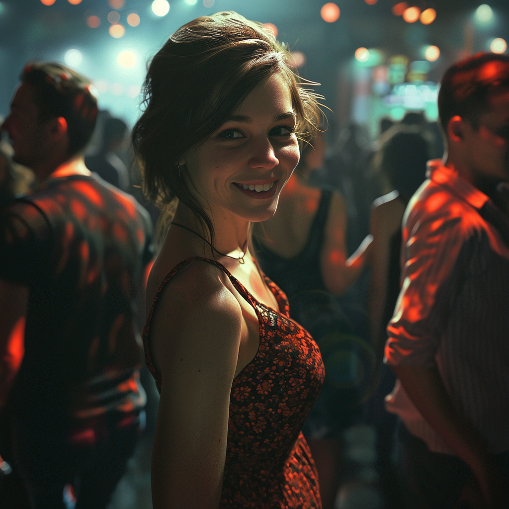 Smiling brunette in party dress surrounded by people at a crowded club