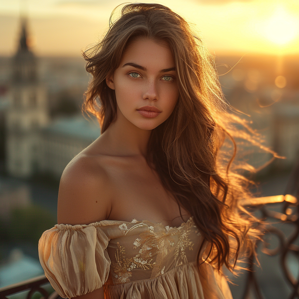 Beautiful brunette woman on city rooftop at sunset