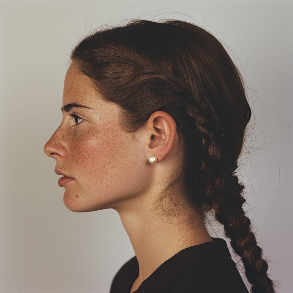 brunette woman with pearl stud and braid