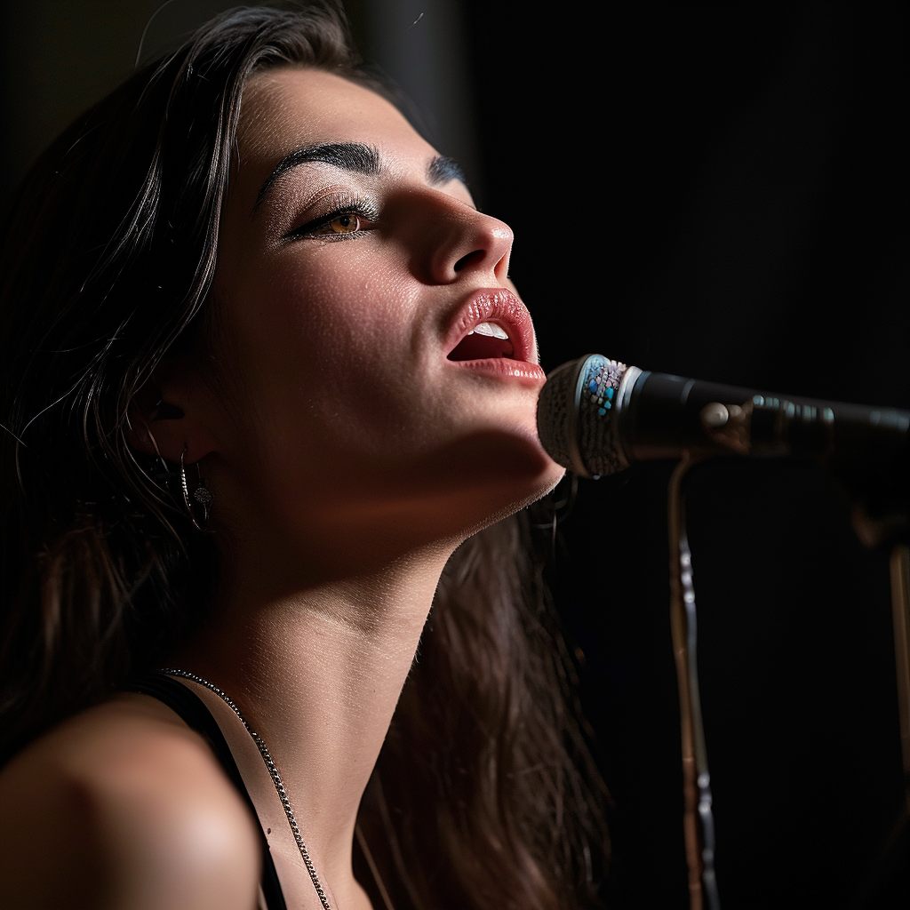 Beautiful brunette woman singing solo