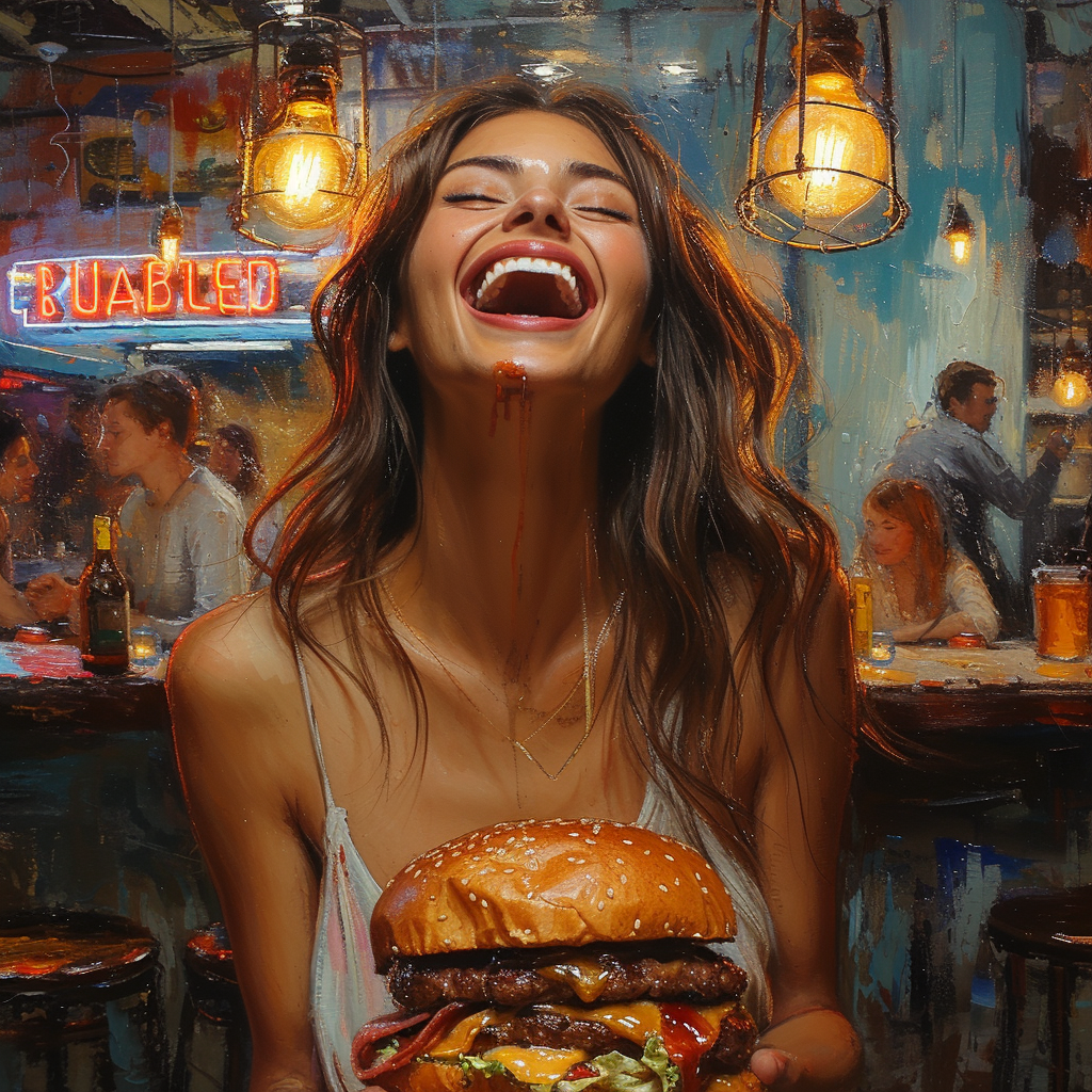 Brunette women with large burger laughing in restaurant