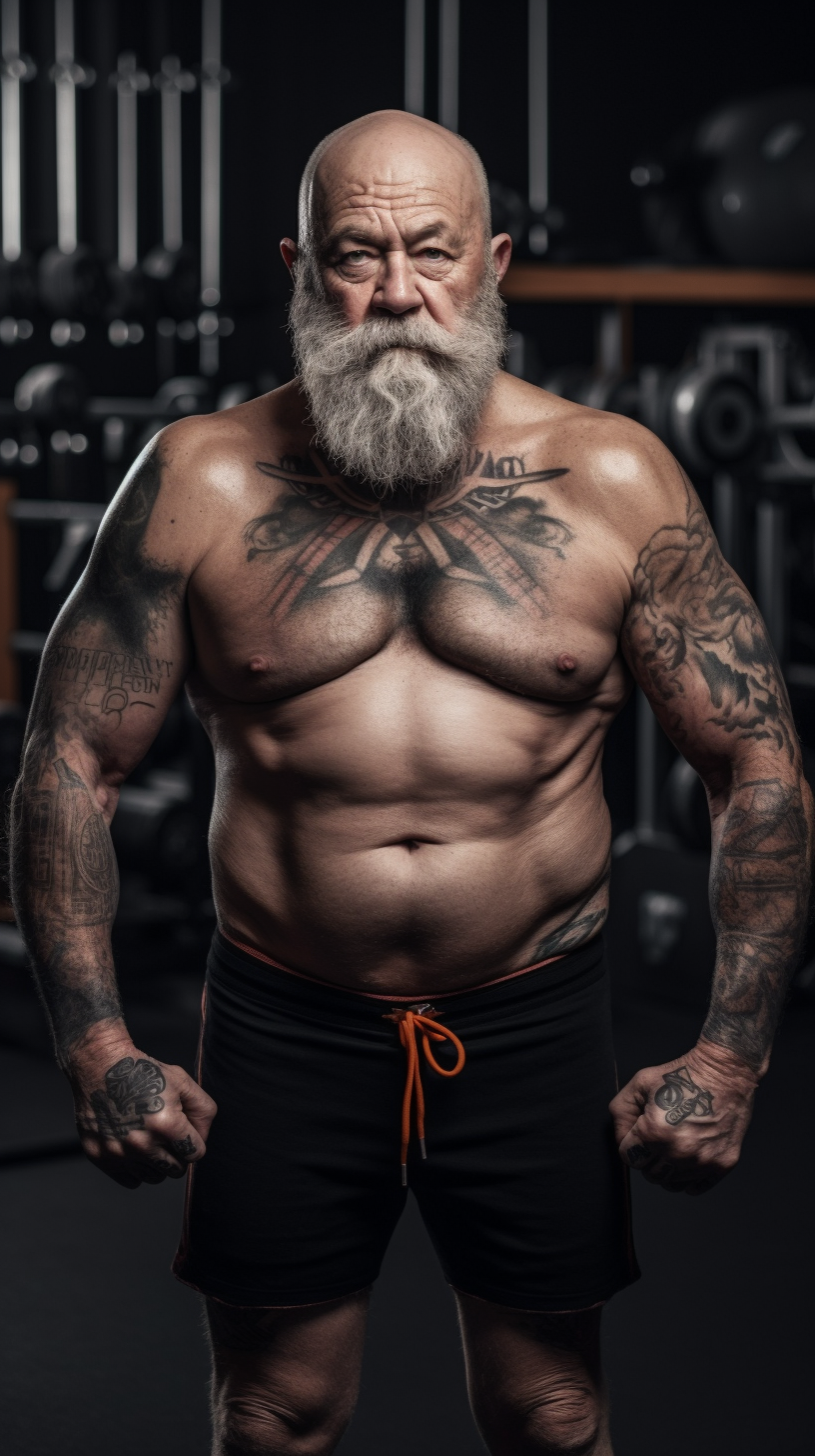 Muscular old man lifting dumbbells