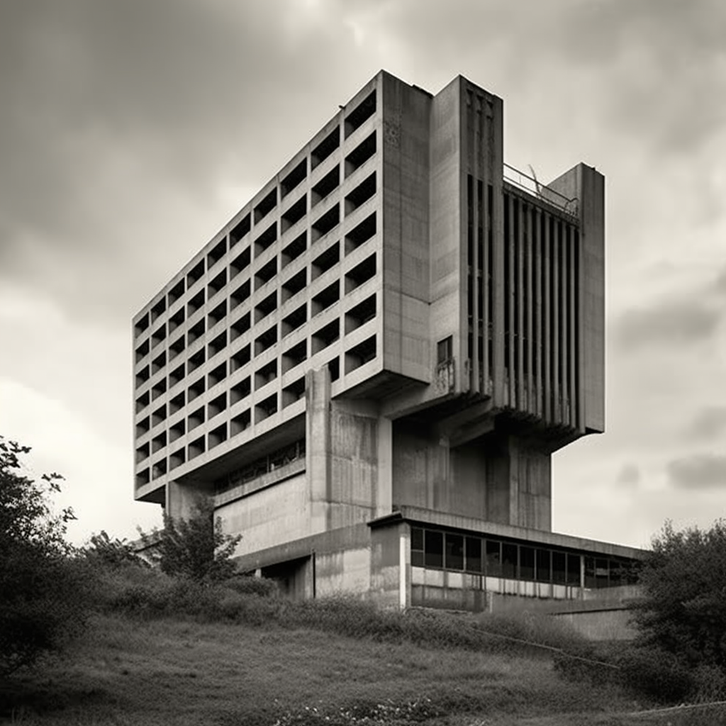 Analog black and white photo of a carrot-inspired brutalist building