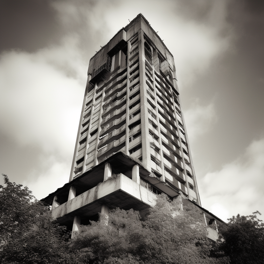 Analogue black and white brutalist tower carrot