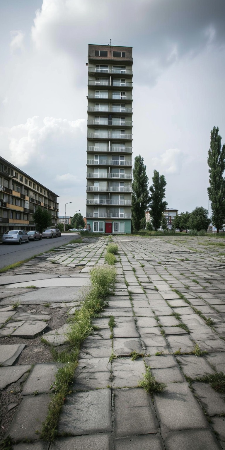 Image of a brutalist tower with a red door