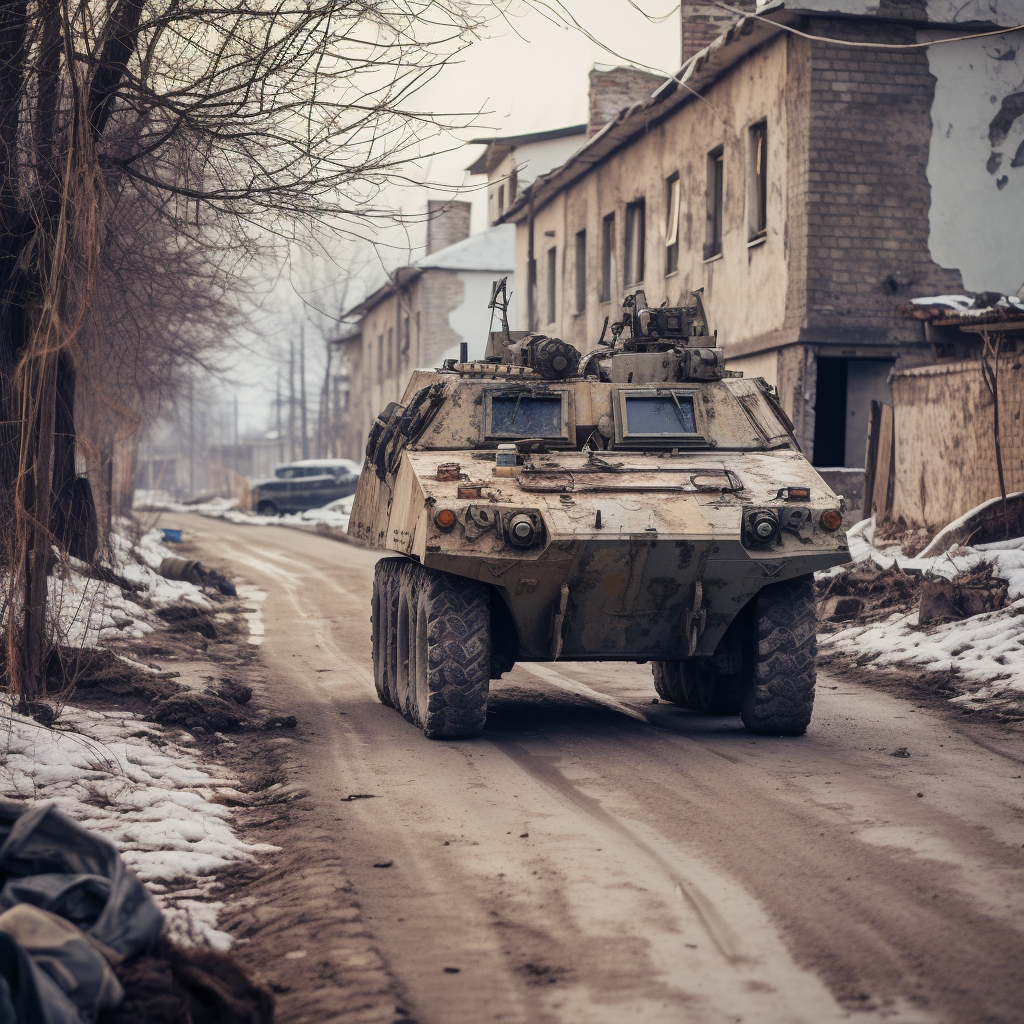 BTR-80 armored vehicle on war-torn Ukraine street