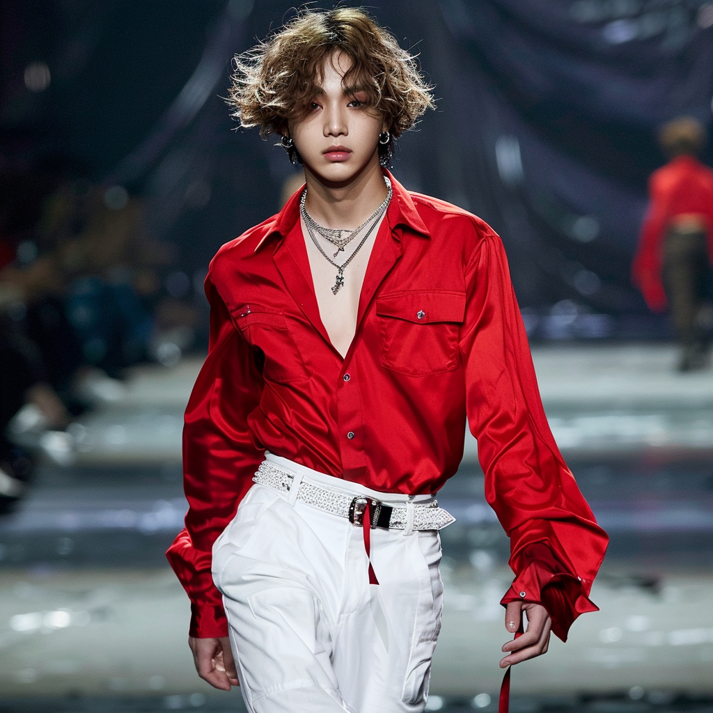 BTS Taehyung red shirt white pants