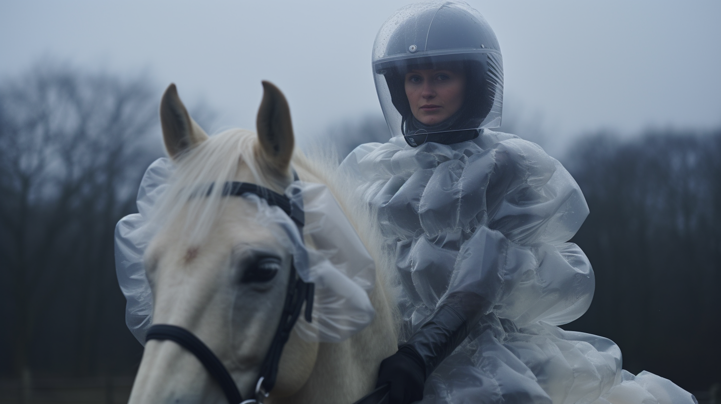 Lady in Bubble Wrap Suit Horse Riding