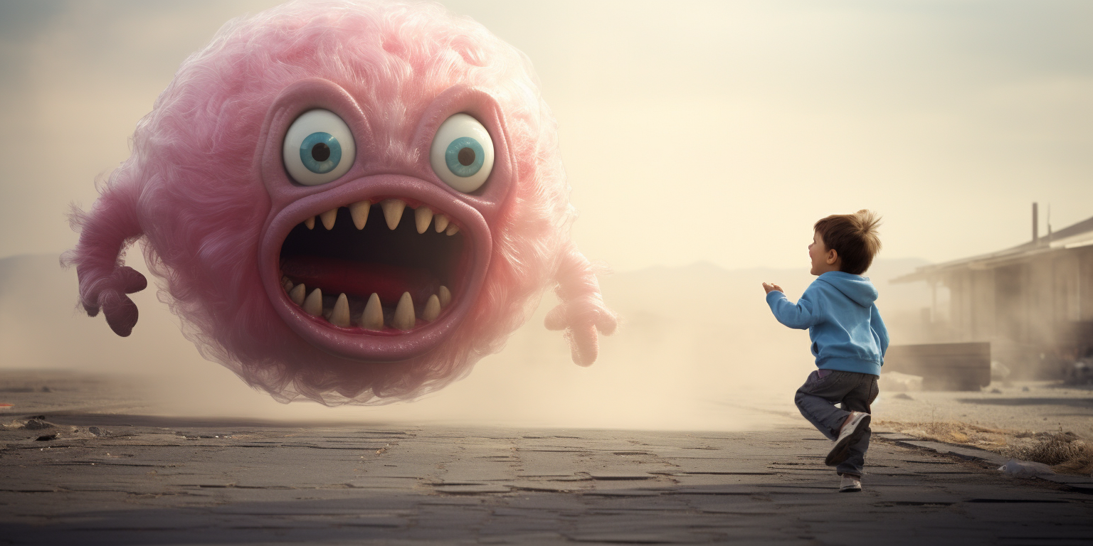 Child being chased by bubblegum wad monster