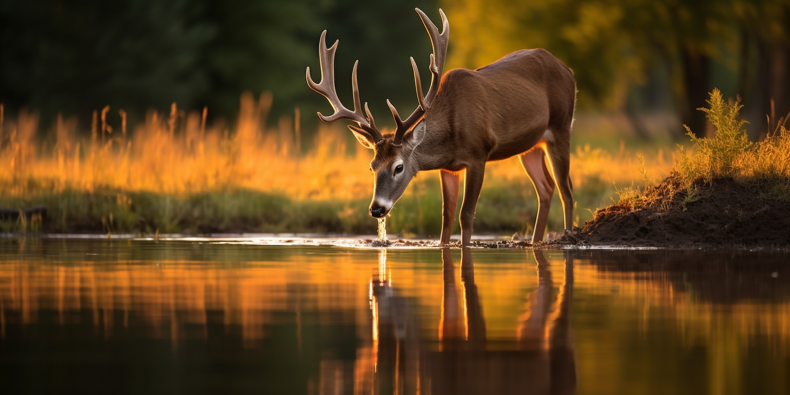 Majestic buck drinking from water