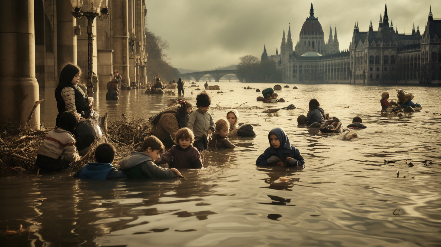 People and children amidst Budapest's winter flood