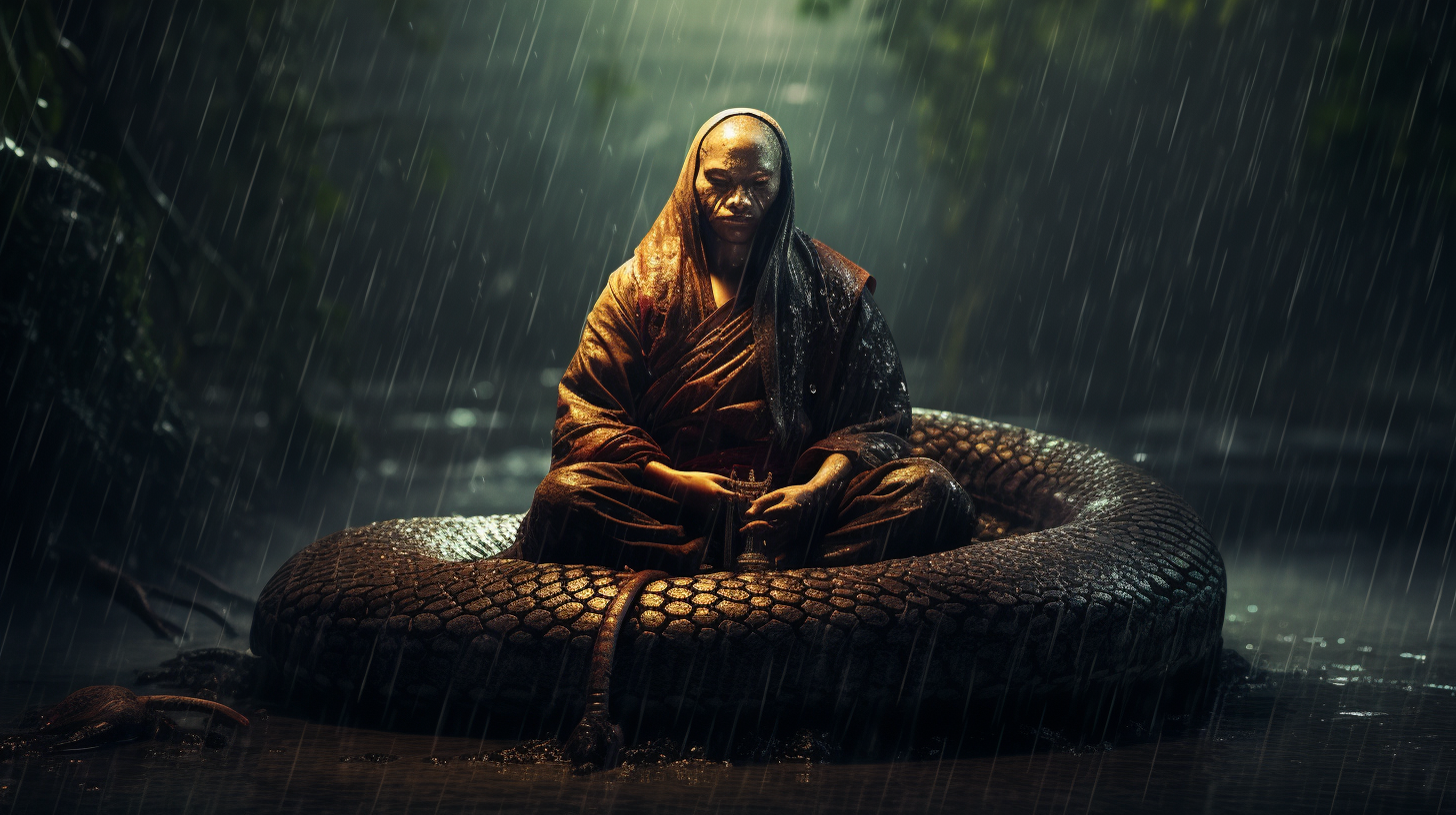 Buddha protected by cobra in rain