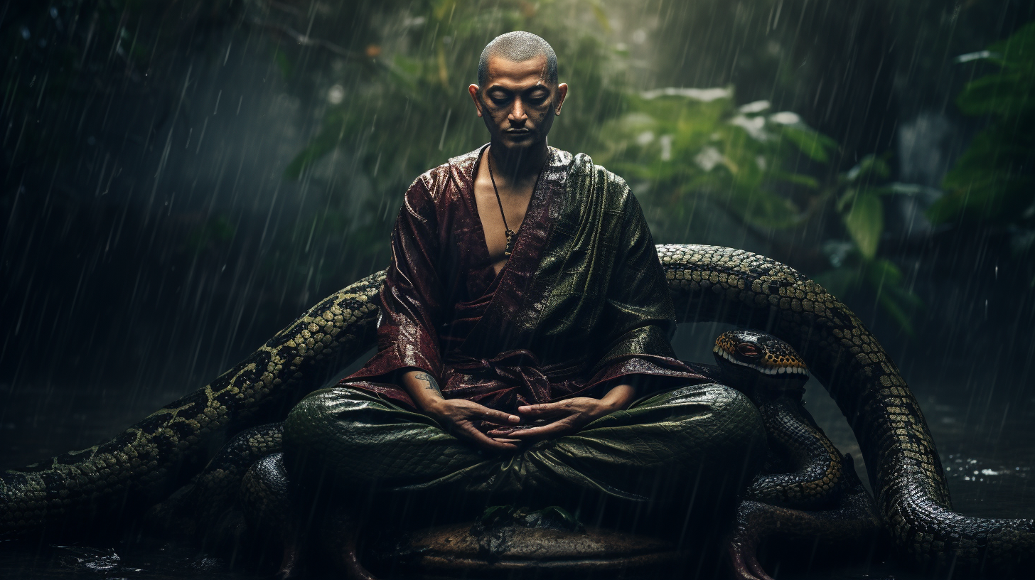 Buddha sitting under cobra in rain