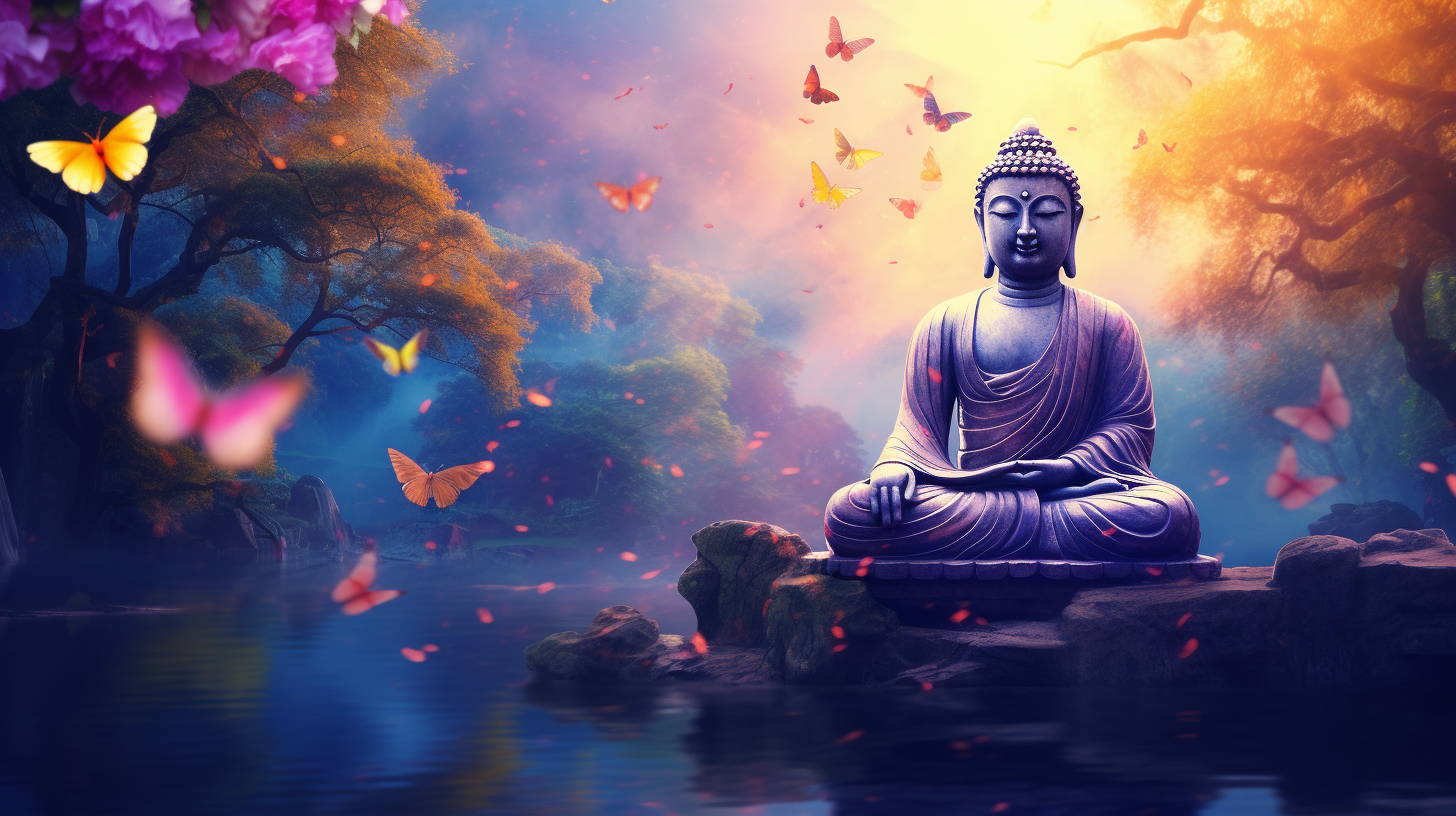 Peaceful Buddha statue in landscape