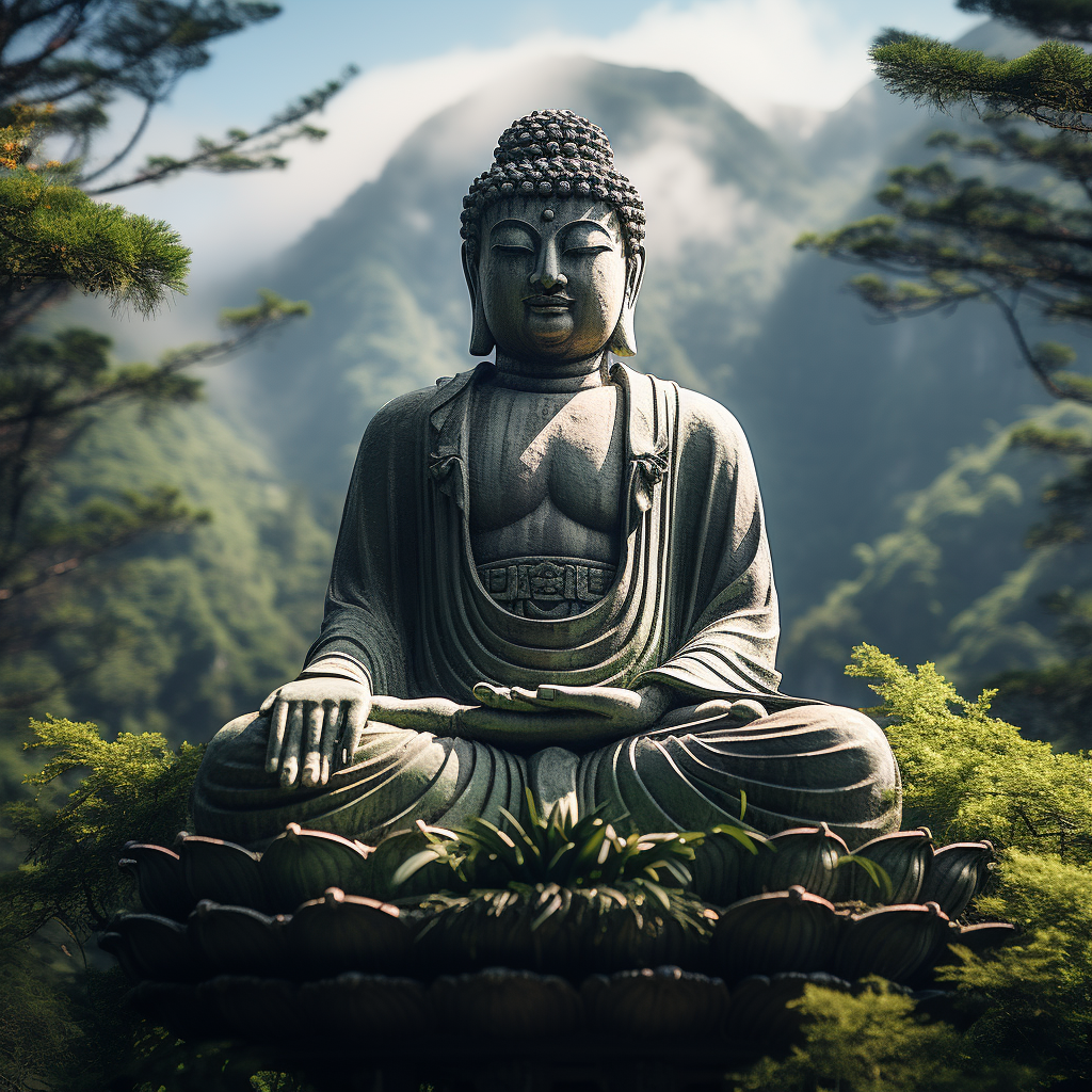 Serene Buddha statue in mountainous landscape