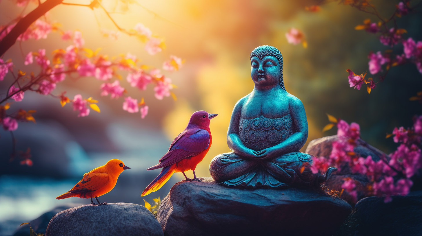 Vibrant Buddha Statue Surrounded by Birds in Zen Landscape