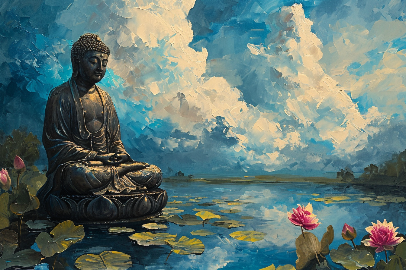 Buddha Statue with Water Lilies and Dramatic Clouds