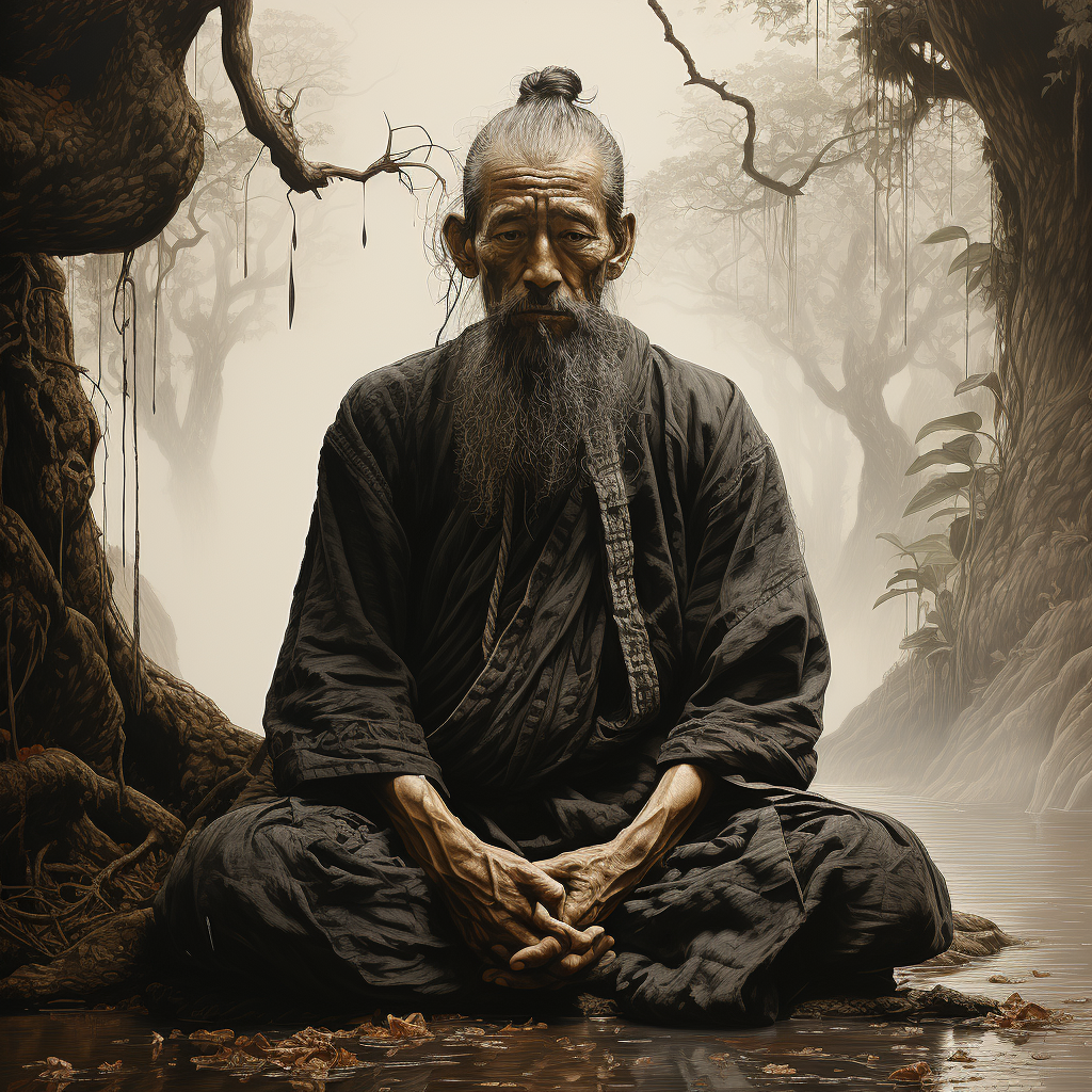 Buddhist monk meditating in rain under tree