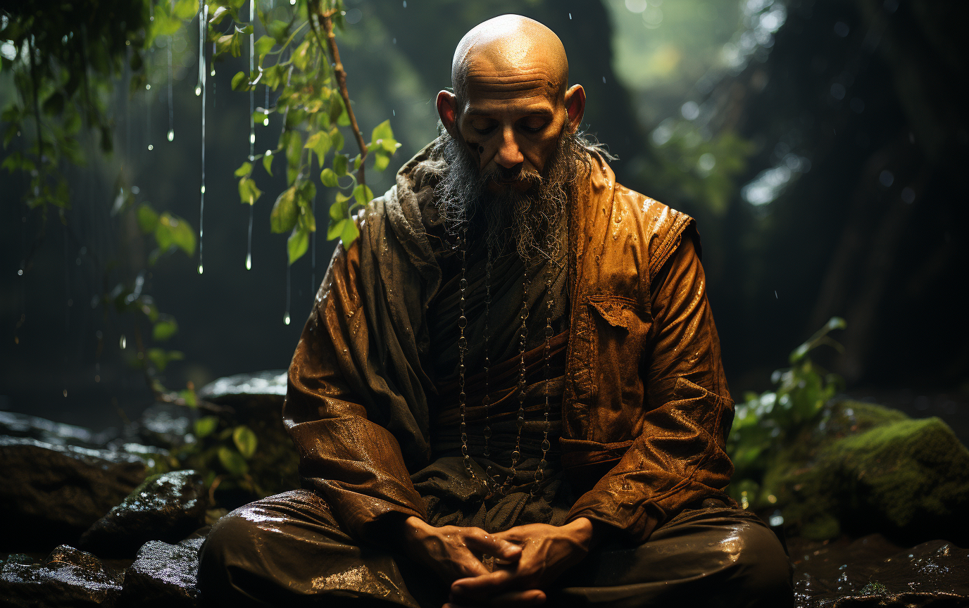 A weeping Buddhist monk under a rain tree