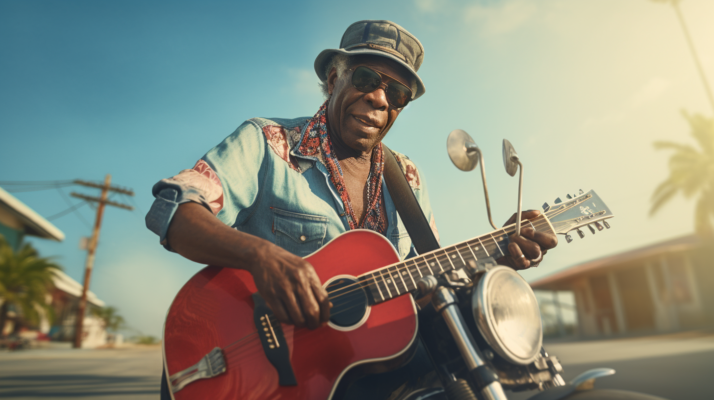 Buddy Guy riding a Harley through the New York Library