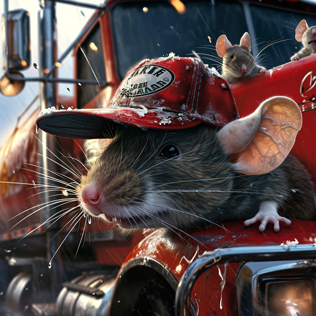 Mouse driving a semi trailer with Budweiser trucker cap