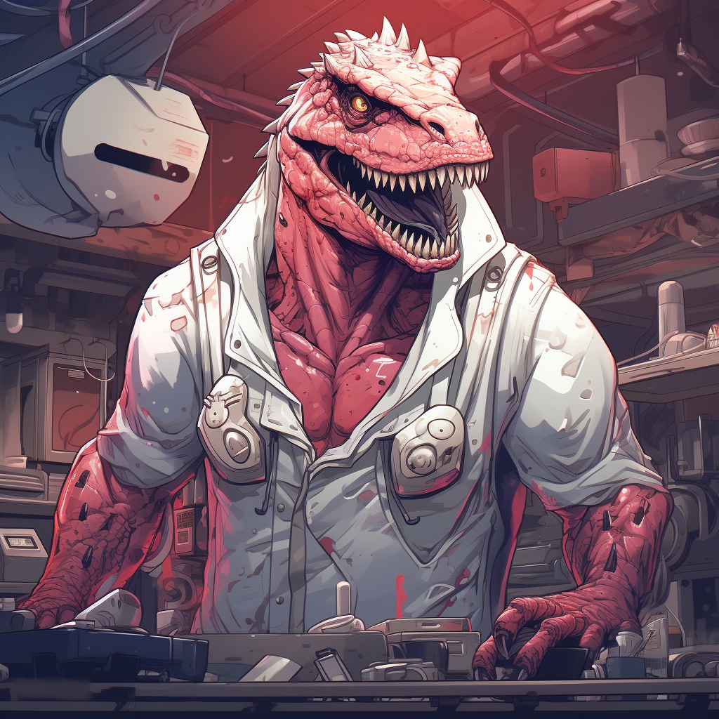 Strong dinosaur wearing apron in Toonami style