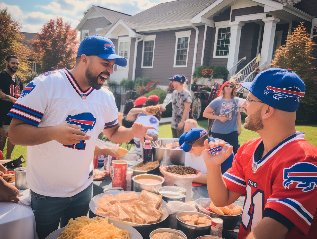 Friends enjoying Buffalo Bills tailgate party