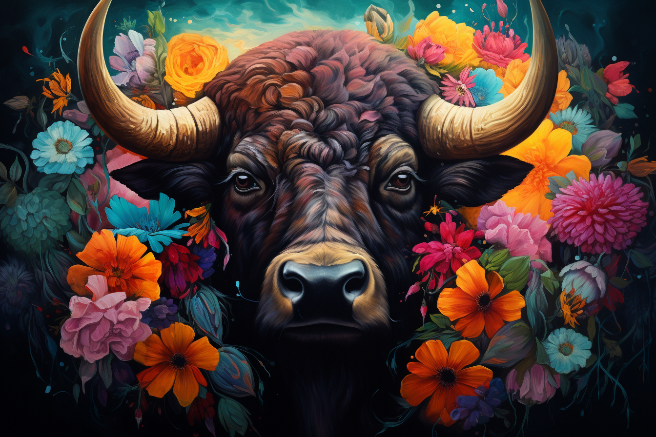 Buffalo Surrounded by Colorful Flowers