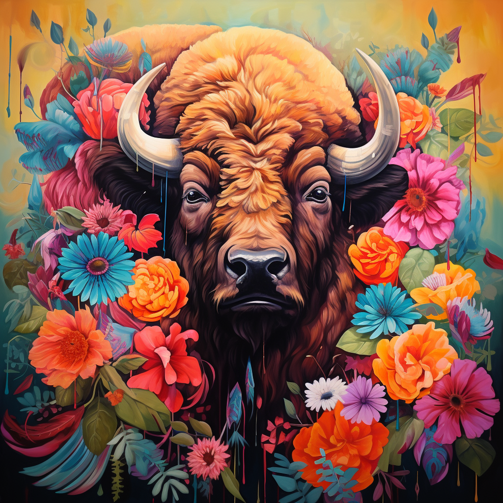 Buffalo surrounded by colorful flowers