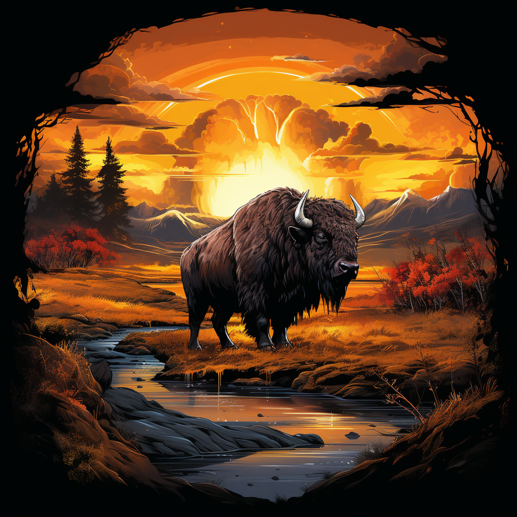 Dynamic t-shirt design of a buffalo scenic