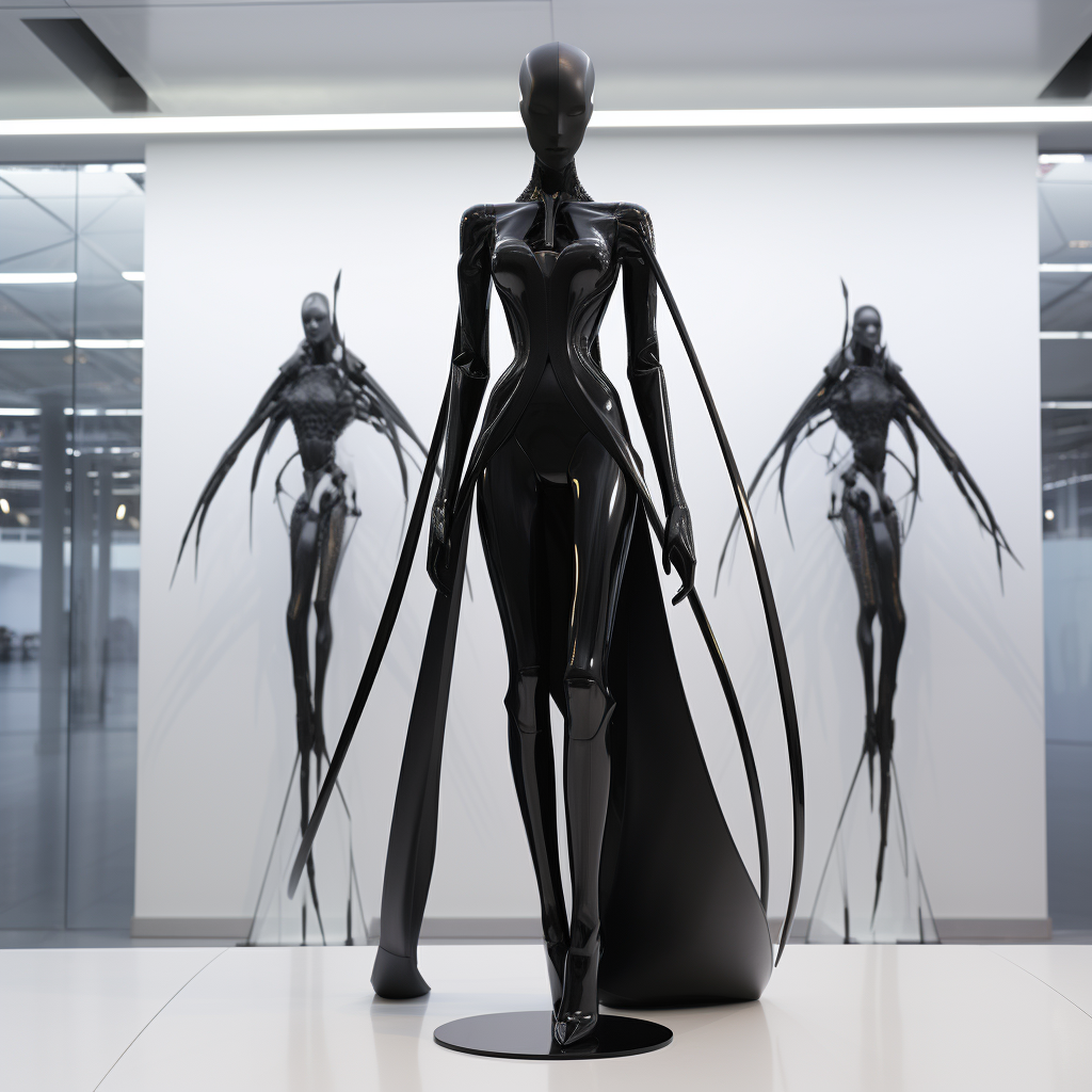 Female mannequin in bug-like suit posing in studio