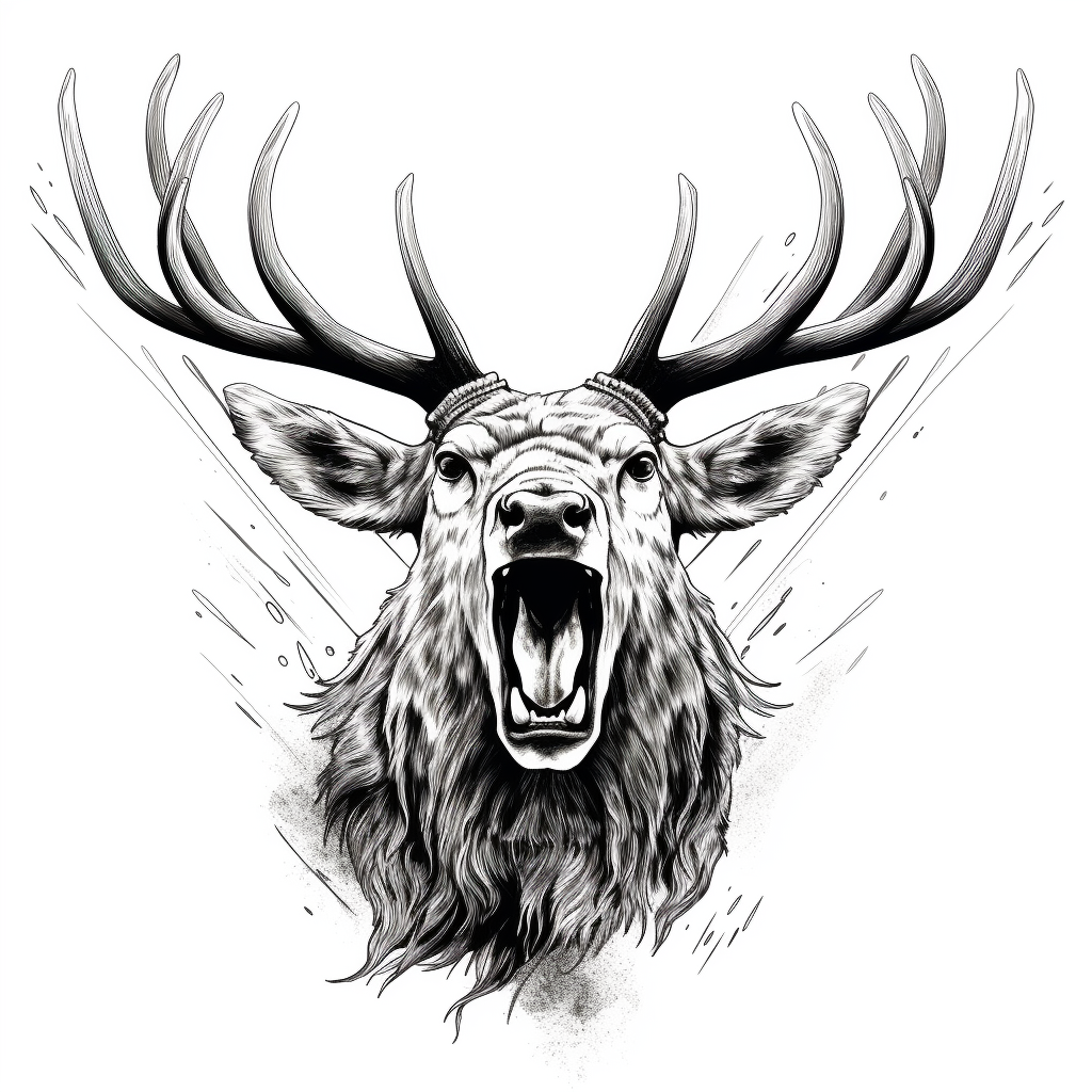 Black and white line art of a bugling elk