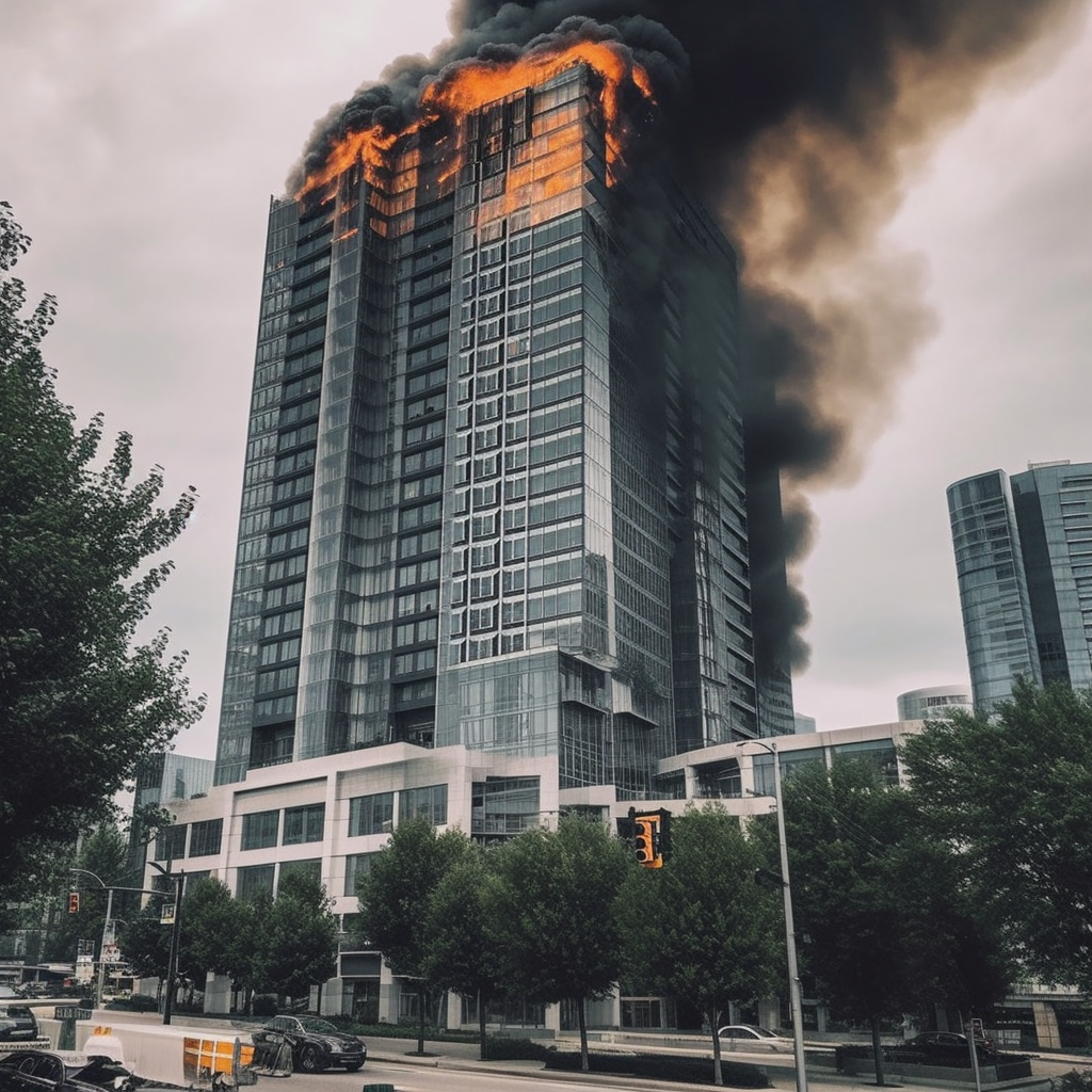 burning building in city at night