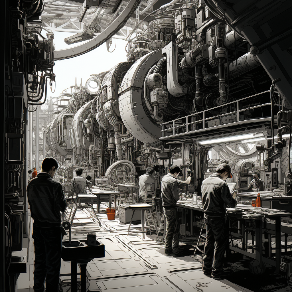 Anime drawing of a building satellite assembly line