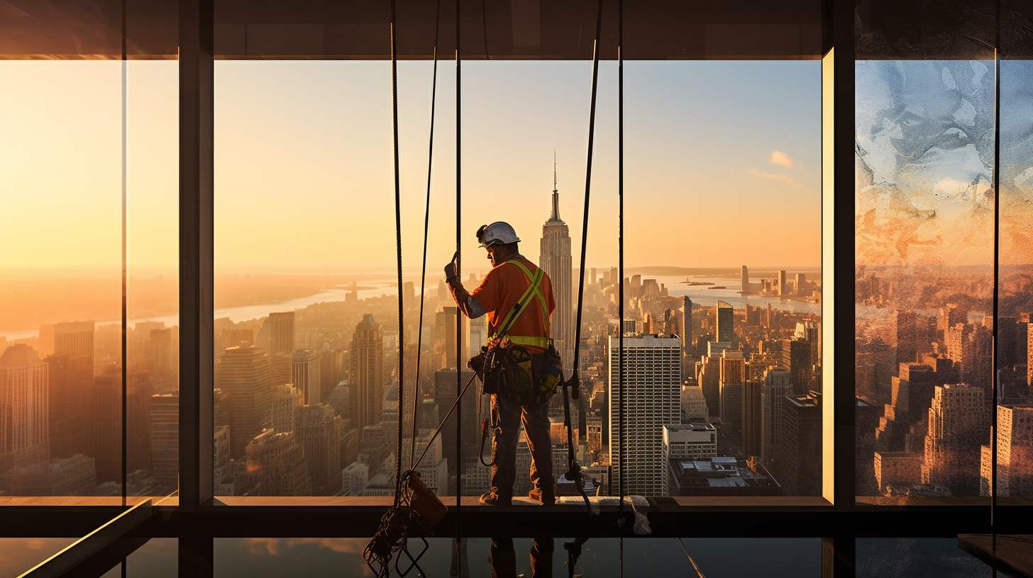 Window cleaner using squeegee on high-rise building