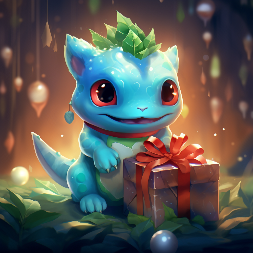 Bulbasaur Pokemon under Christmas tree holding a present