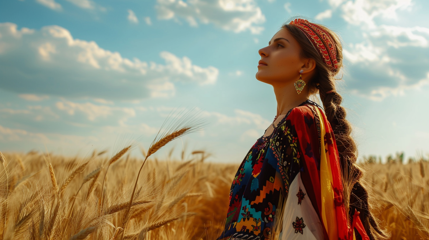 Bulgarian Woman Traditional Dress Wheat Fields