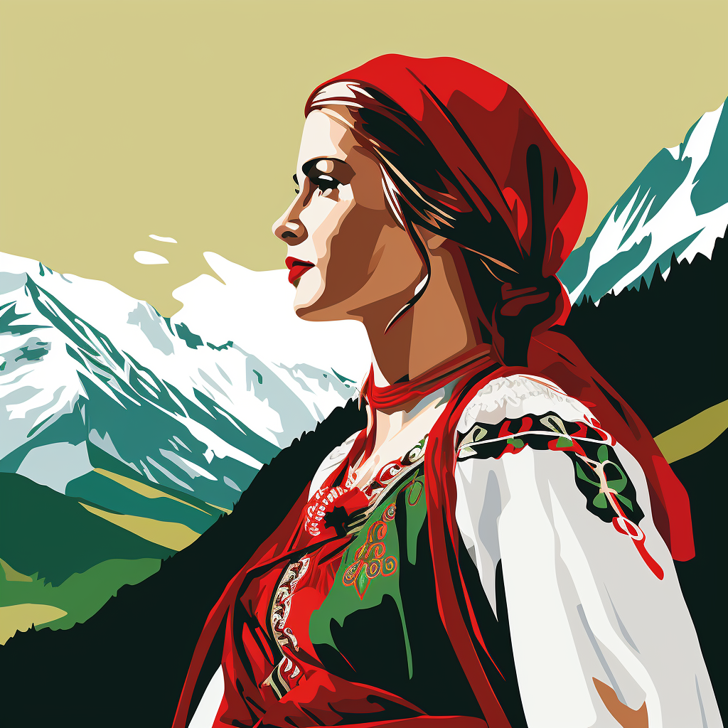 Girl wearing traditional Bulgarian outfit by the mountains