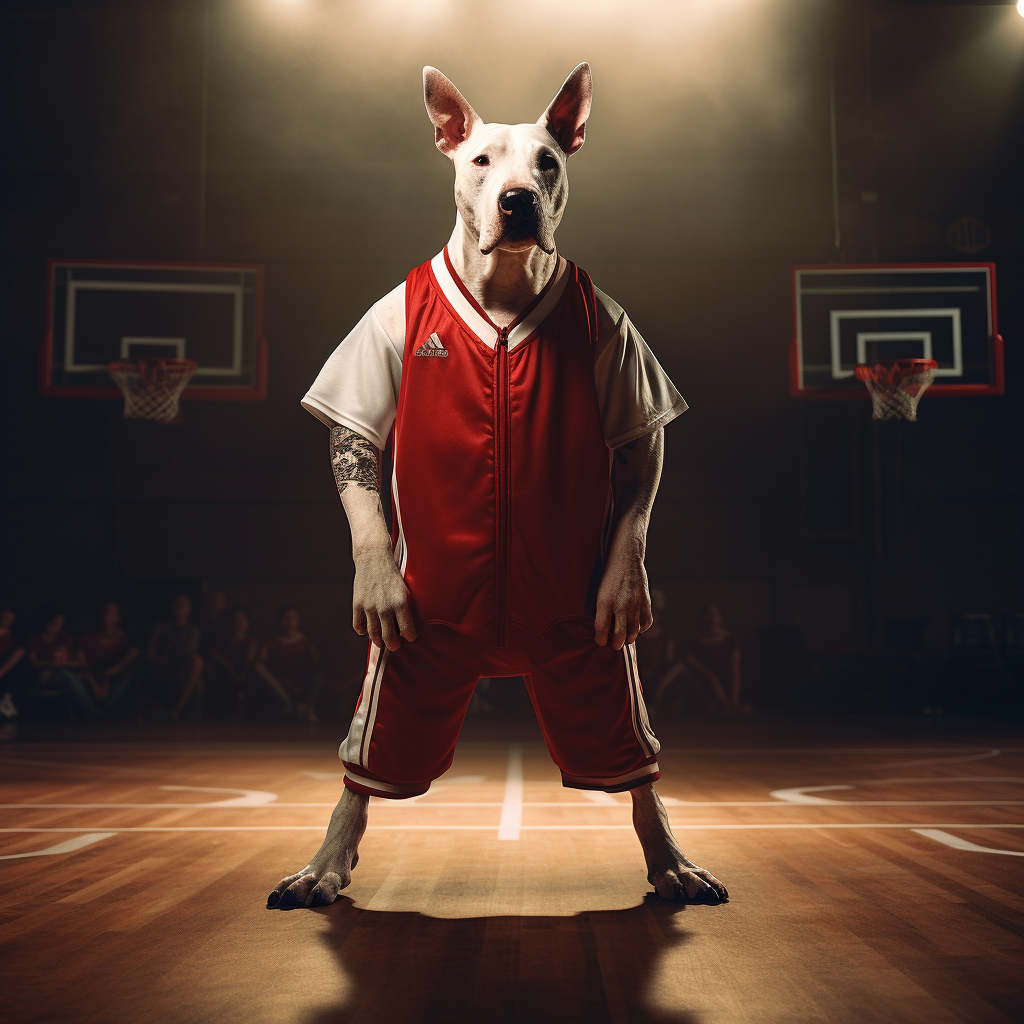 Bull Terrier in Basketball Jersey Pose