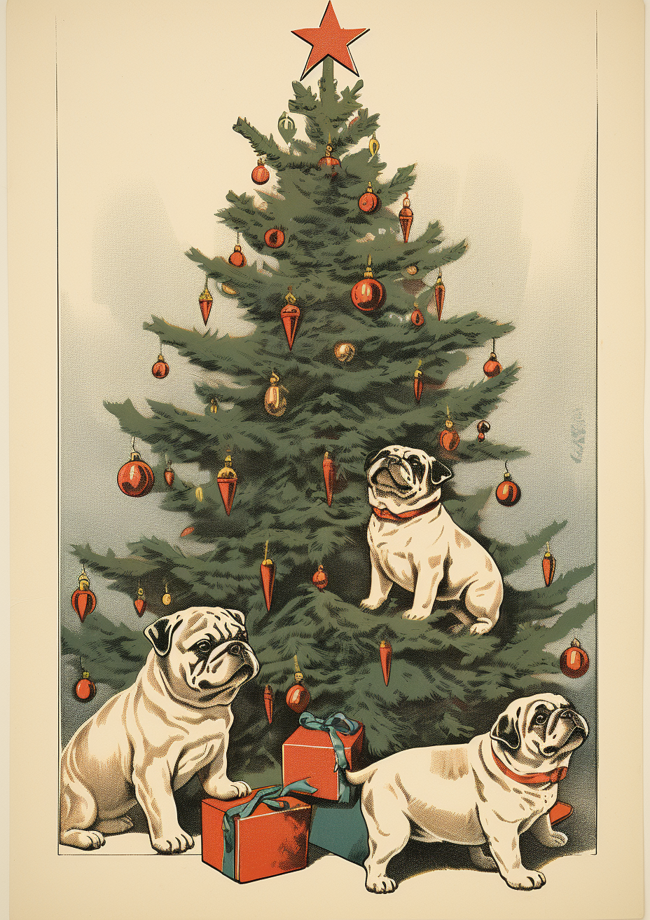 Bulldogs playing around a Christmas tree