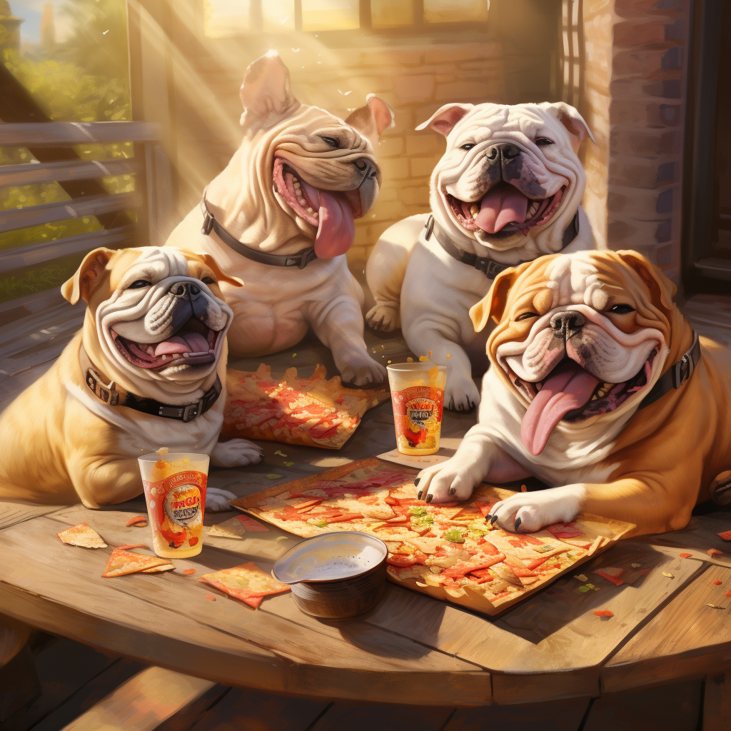 Bulldogs enjoying pizza and beer