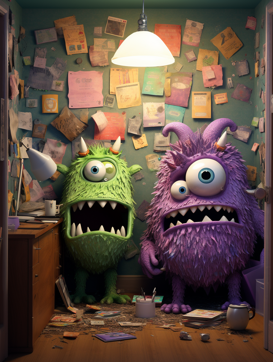 Two purple demons looking at chaotic bulletin board