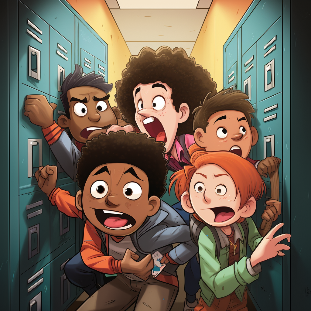 Bullies pushing kid into locker cartoon