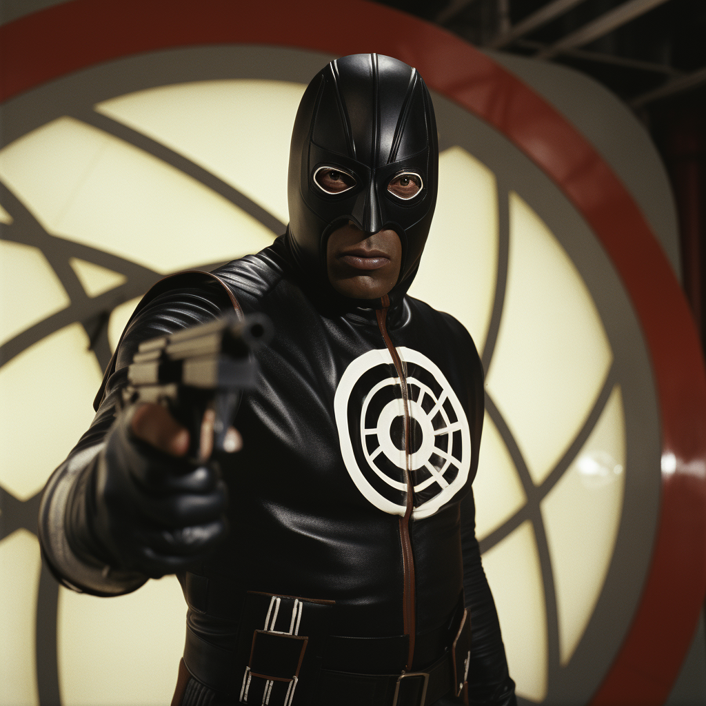 Caucasian actor playing Bullseye in black superhero outfit